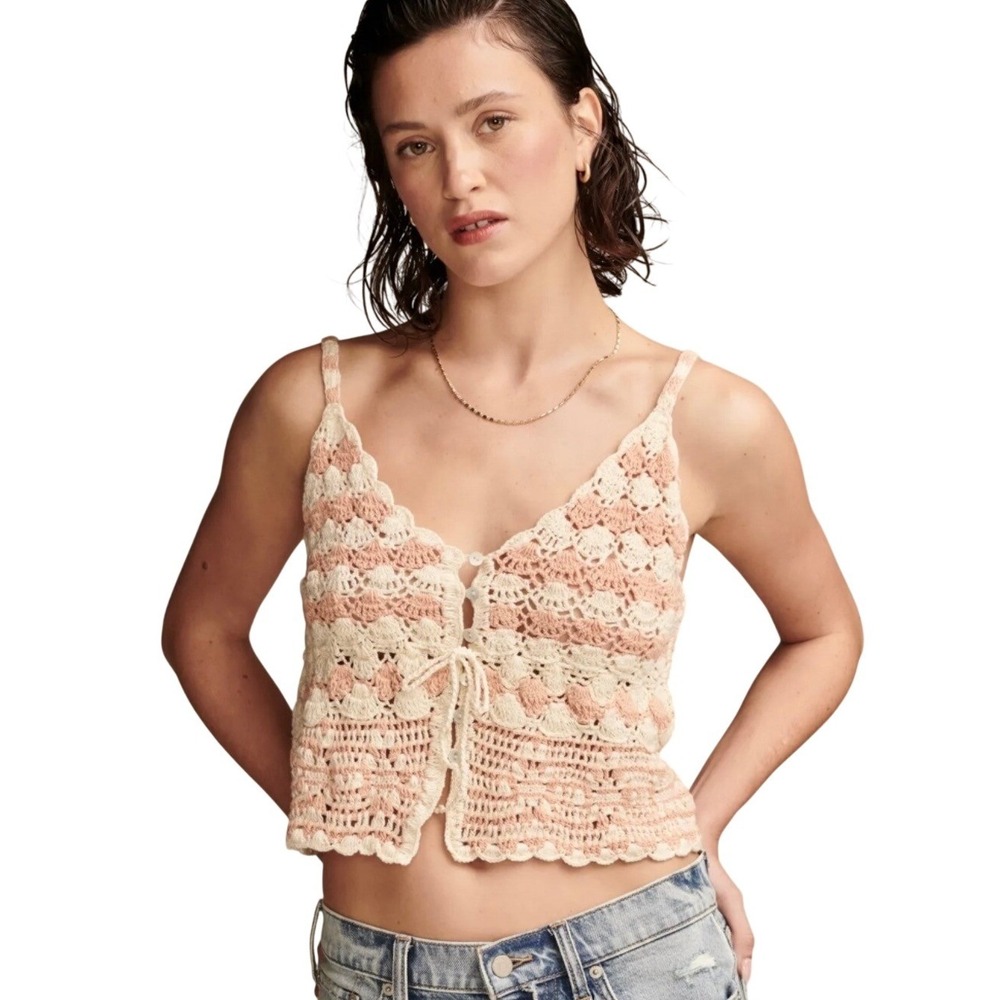 NWT Lucky Brand Crochet Cami Top Peach Cream Striped Boho Button Front Medium